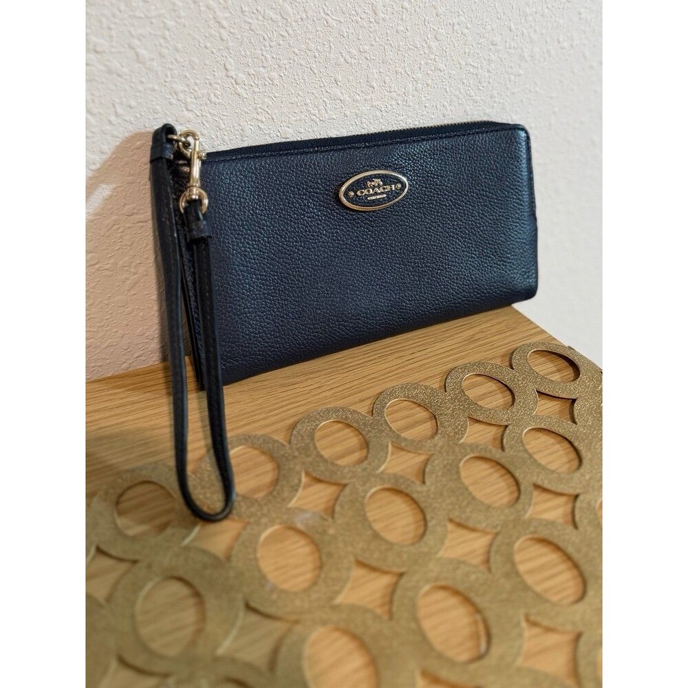 Coach 53413 Dark Blue Pebbled Leather L-Zip Around Wallet Wristlet Clutch EUC